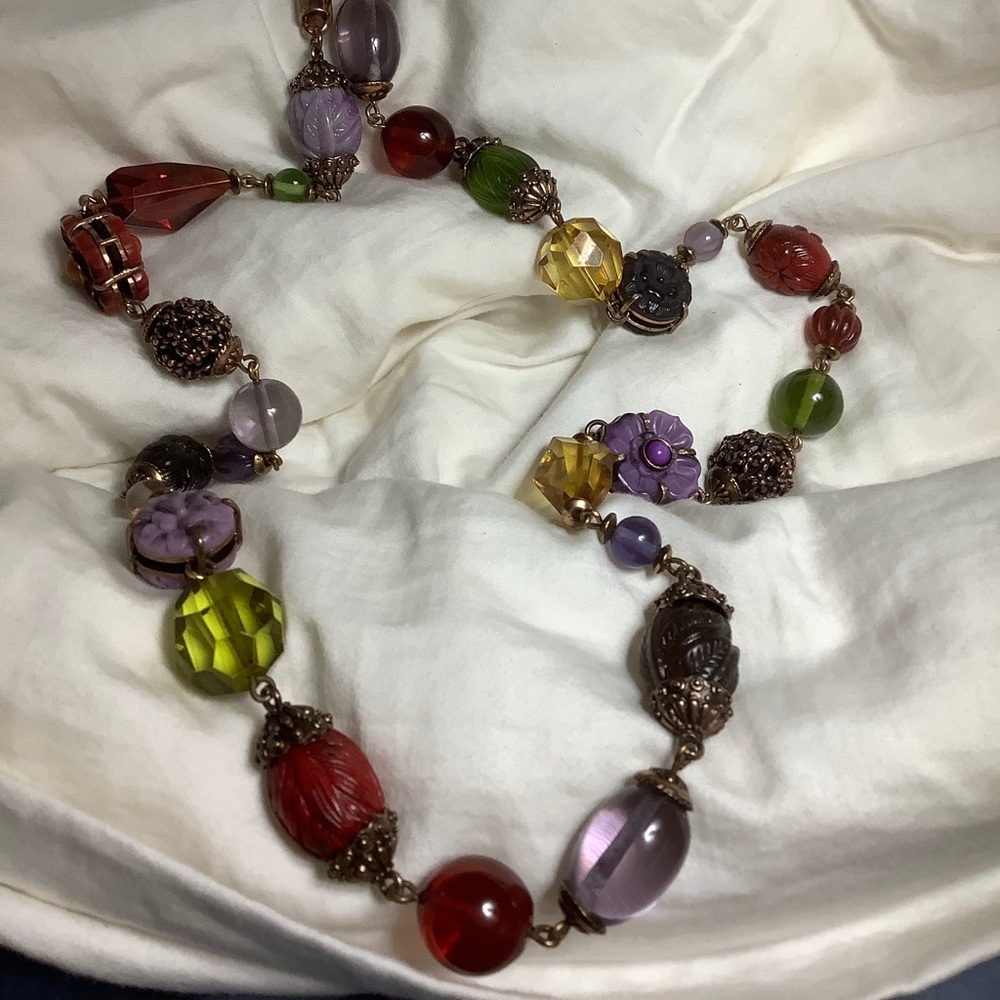 PJM vintage brass and ornate beads 30” necklace